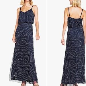Adrianna Papell Art Deco Beaded Blouson Gown - Navy - Size 2 NWT